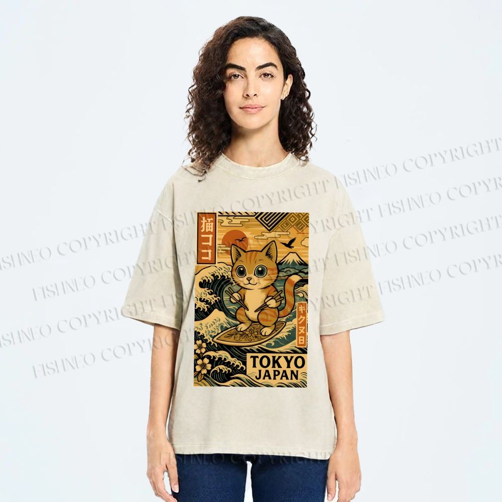 Unisex Japanese Sushi Cat Printed Washed Tee