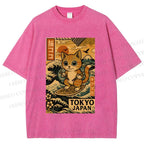 Unisex Japanese Sushi Cat Printed Washed Tee