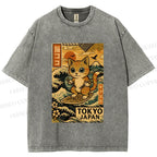 Unisex Japanese Sushi Cat Printed Washed Tee