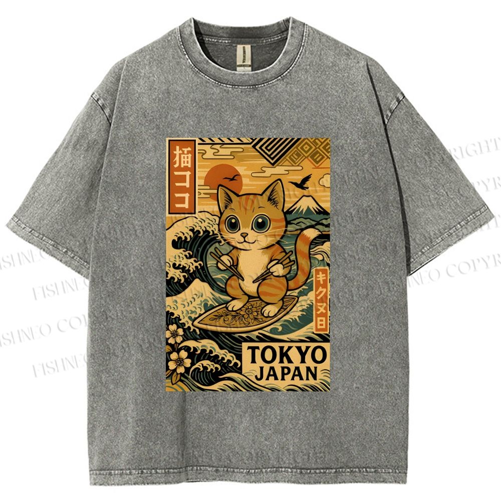 Unisex Japanese Sushi Cat Printed Washed Tee