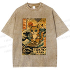 Unisex Japanese Sushi Cat Printed Washed Tee