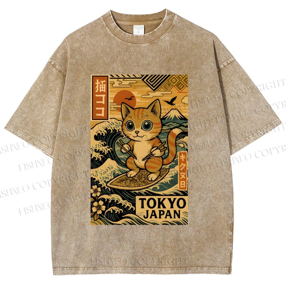 Unisex Japanese Sushi Cat Printed Washed Tee