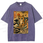 Unisex Japanese Sushi Cat Printed Washed Tee