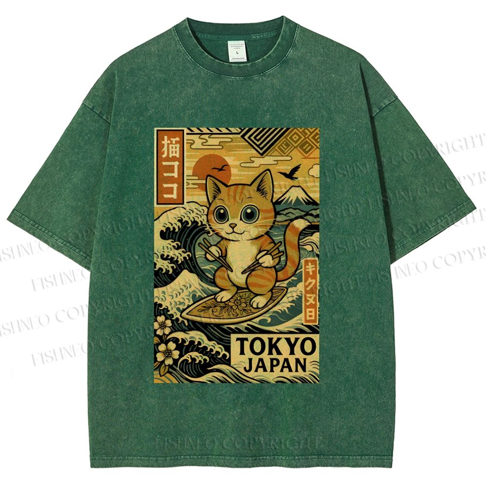 Unisex Japanese Sushi Cat Printed Washed Tee