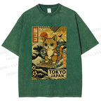 Unisex Japanese Sushi Cat Printed Washed Tee