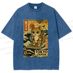 Unisex Japanese Sushi Cat Printed Washed Tee