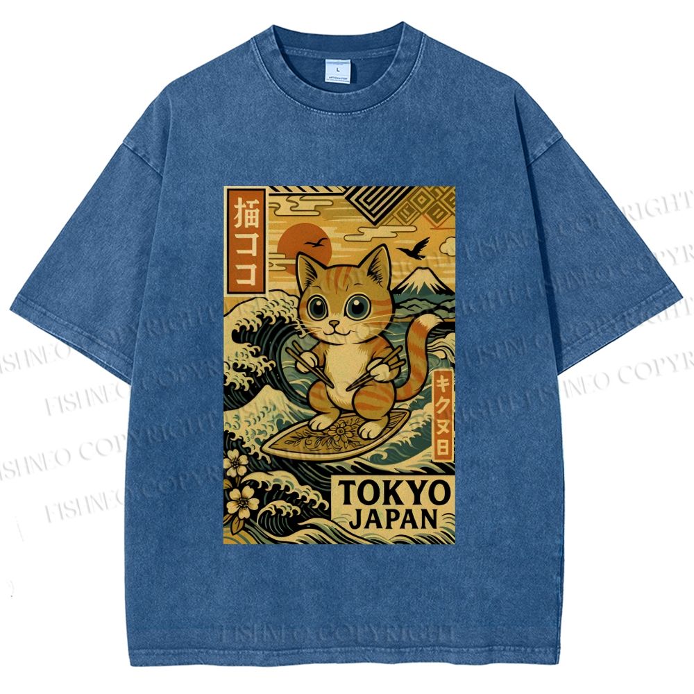 Unisex Japanese Sushi Cat Printed Washed Tee