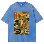 Unisex Japanese Sushi Cat Printed Washed Tee