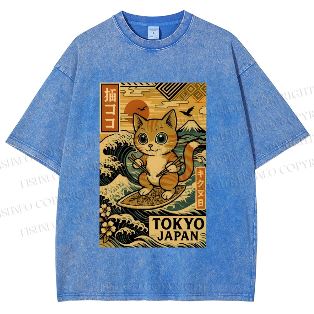 Unisex Japanese Sushi Cat Printed Washed Tee
