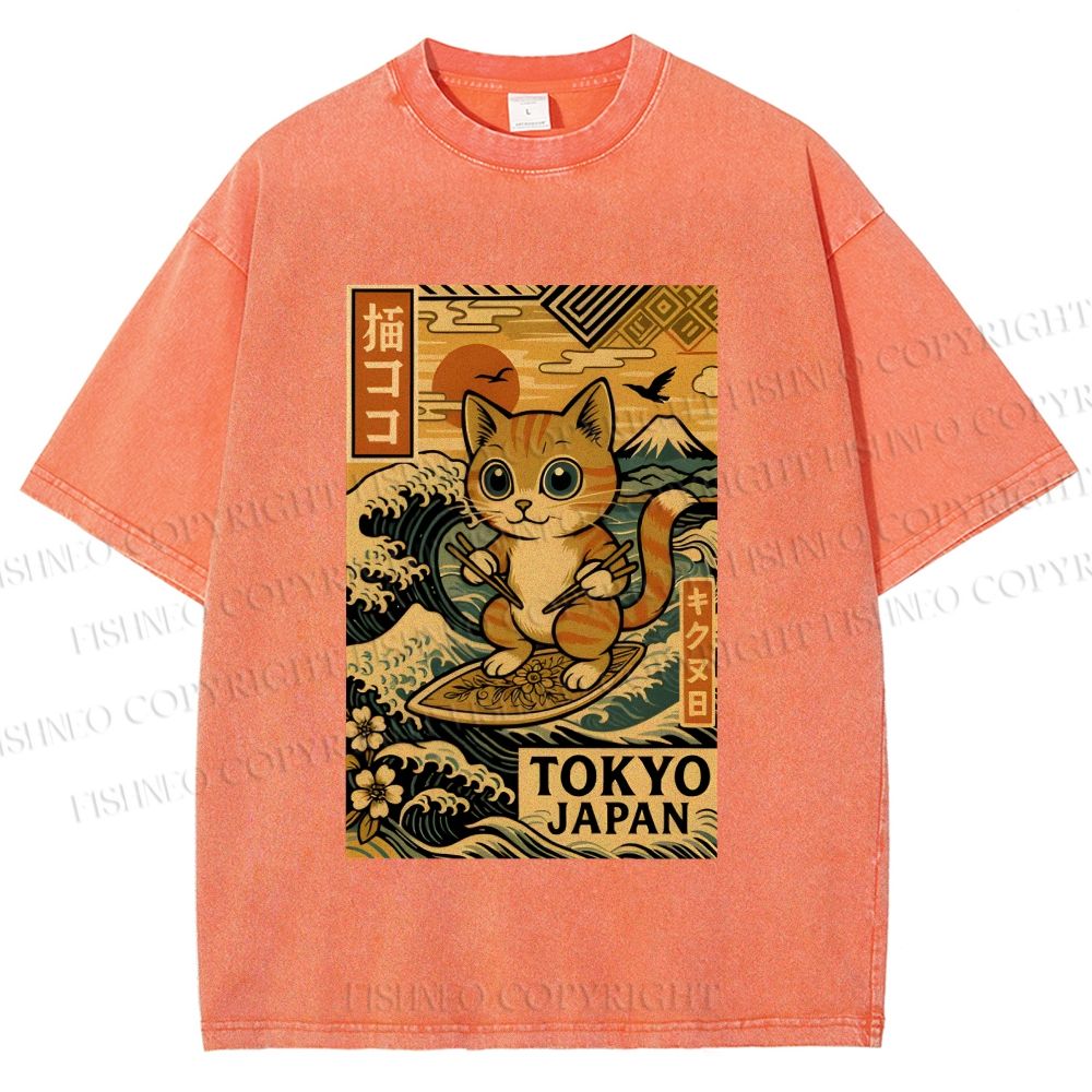 Unisex Japanese Sushi Cat Printed Washed Tee