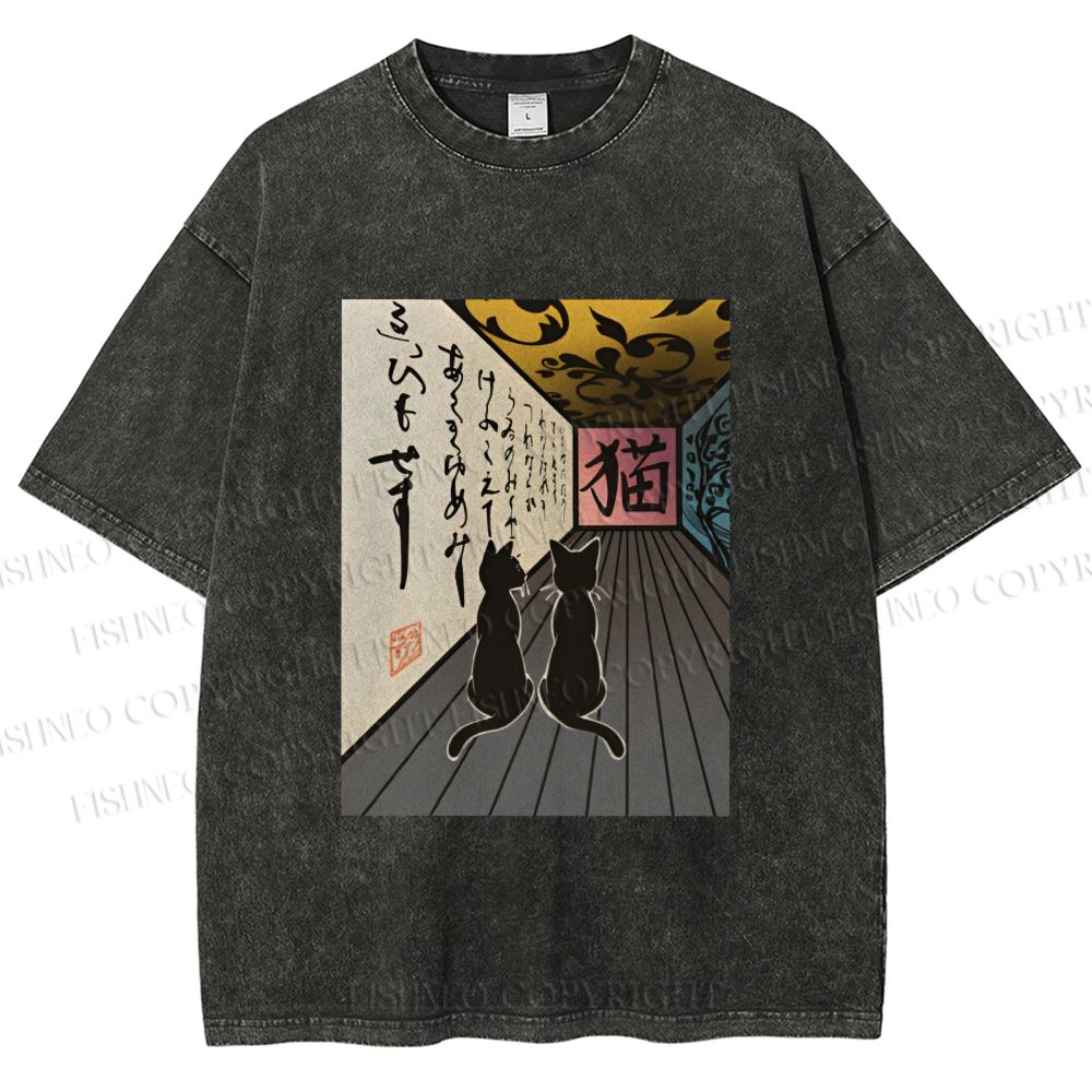 Unisex Japanese Vintage Cat Printed Washed Tee