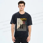Unisex Japanese Vintage Cat Printed Washed Tee