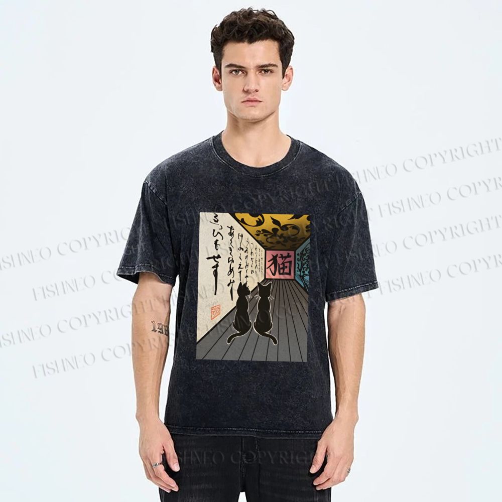 Unisex Japanese Vintage Cat Printed Washed Tee