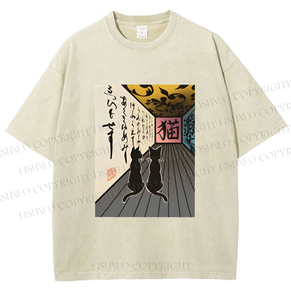 Unisex Japanese Vintage Cat Printed Washed Tee