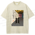 Unisex Japanese Vintage Cat Printed Washed Tee