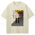 Unisex Japanese Vintage Cat Printed Washed Tee