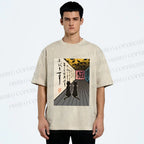 Unisex Japanese Vintage Cat Printed Washed Tee