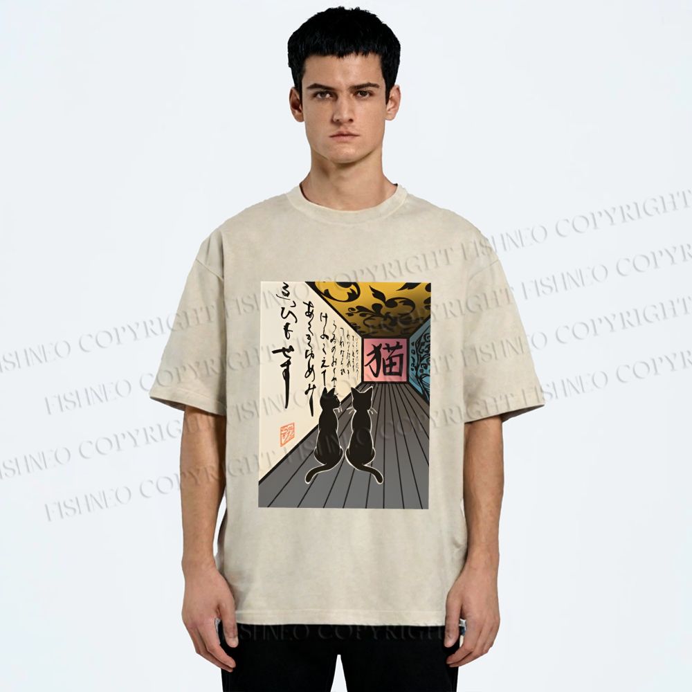 Unisex Japanese Vintage Cat Printed Washed Tee
