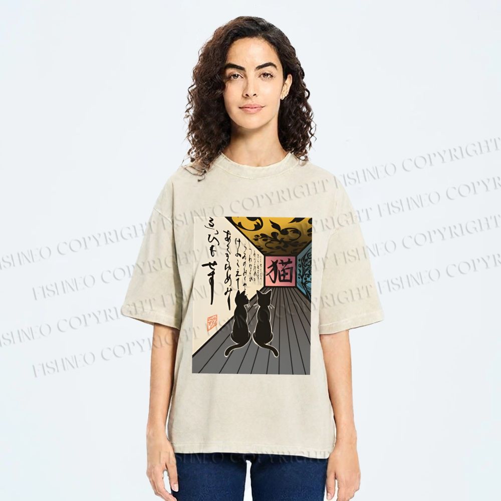 Unisex Japanese Vintage Cat Printed Washed Tee