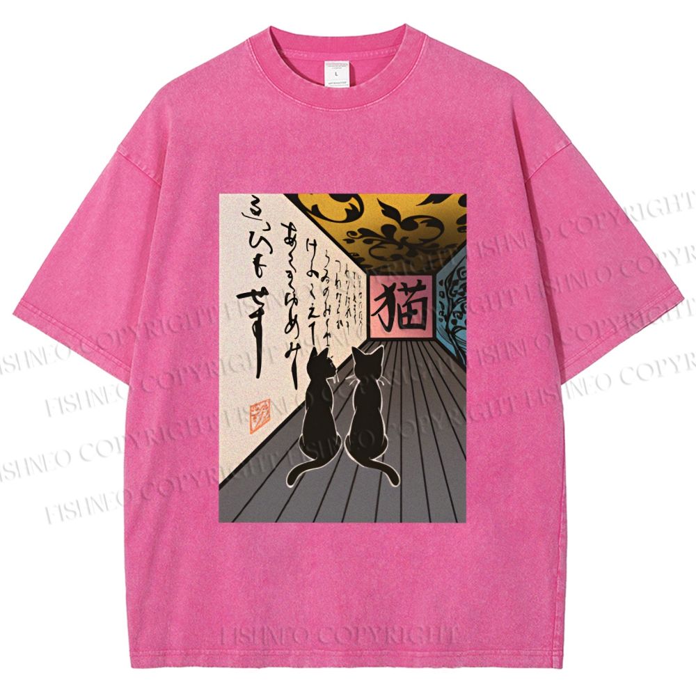 Unisex Japanese Vintage Cat Printed Washed Tee