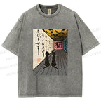 Unisex Japanese Vintage Cat Printed Washed Tee