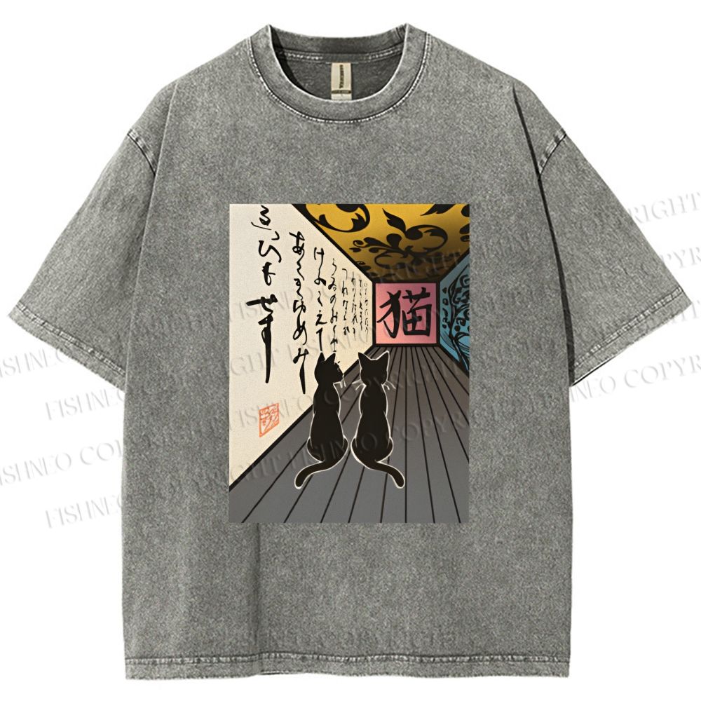Unisex Japanese Vintage Cat Printed Washed Tee