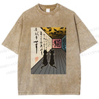 Unisex Japanese Vintage Cat Printed Washed Tee