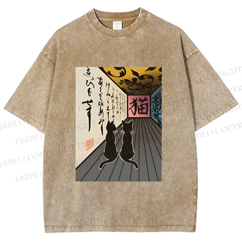 Unisex Japanese Vintage Cat Printed Washed Tee