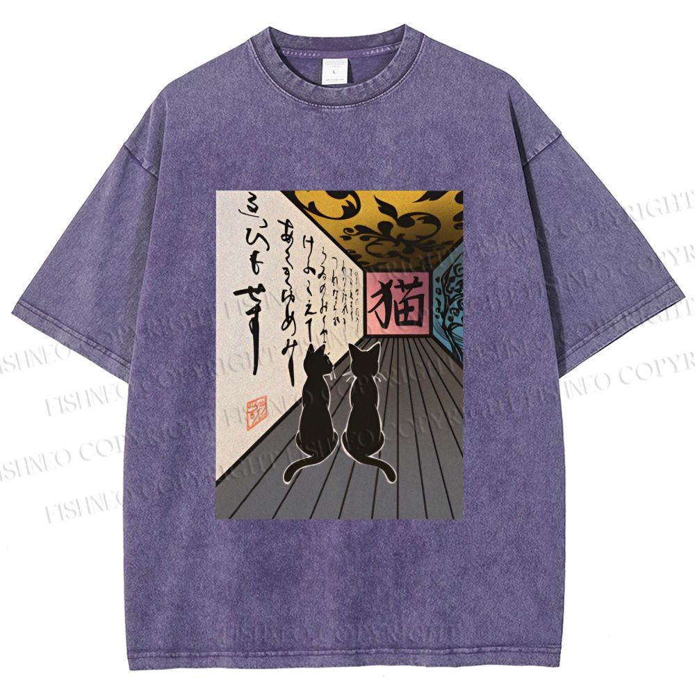 Unisex Japanese Vintage Cat Printed Washed Tee