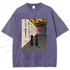 Unisex Japanese Vintage Cat Printed Washed Tee