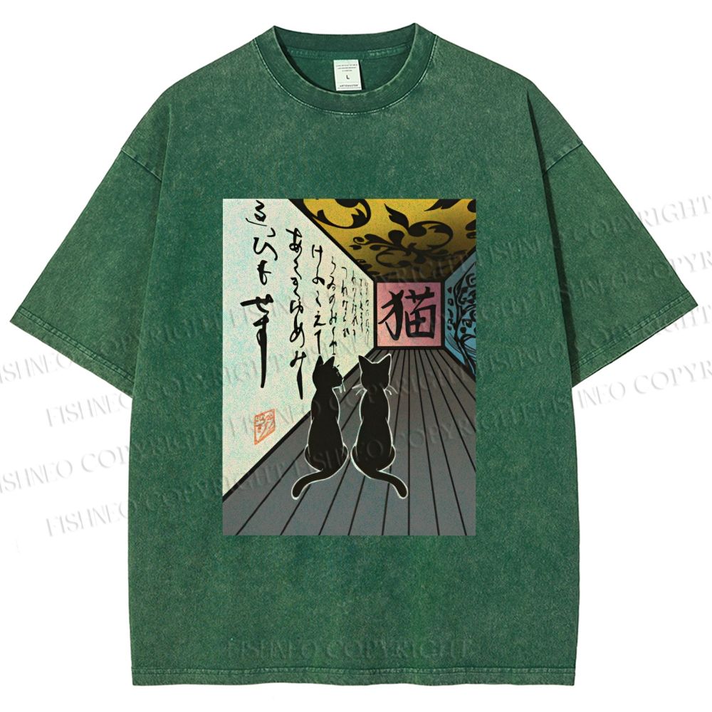Unisex Japanese Vintage Cat Printed Washed Tee