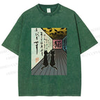 Unisex Japanese Vintage Cat Printed Washed Tee