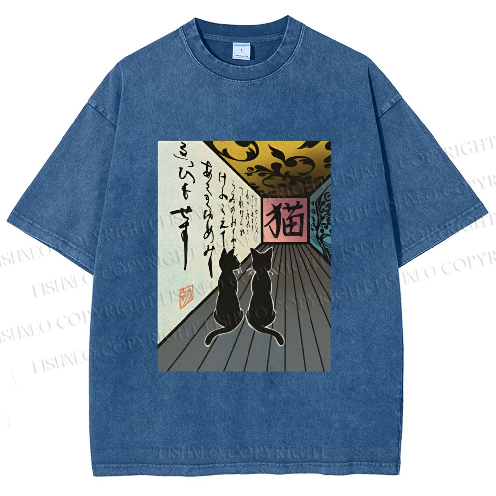 Unisex Japanese Vintage Cat Printed Washed Tee