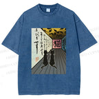 Unisex Japanese Vintage Cat Printed Washed Tee