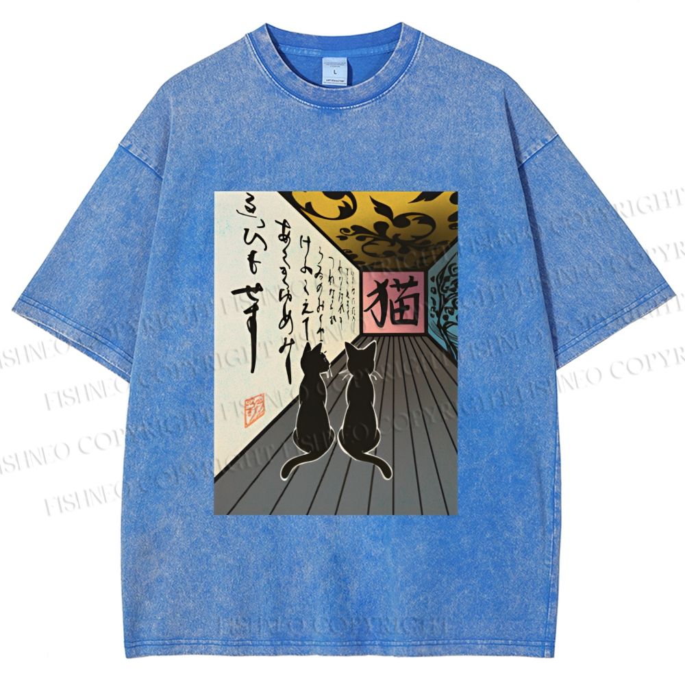 Unisex Japanese Vintage Cat Printed Washed Tee