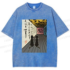 Unisex Japanese Vintage Cat Printed Washed Tee