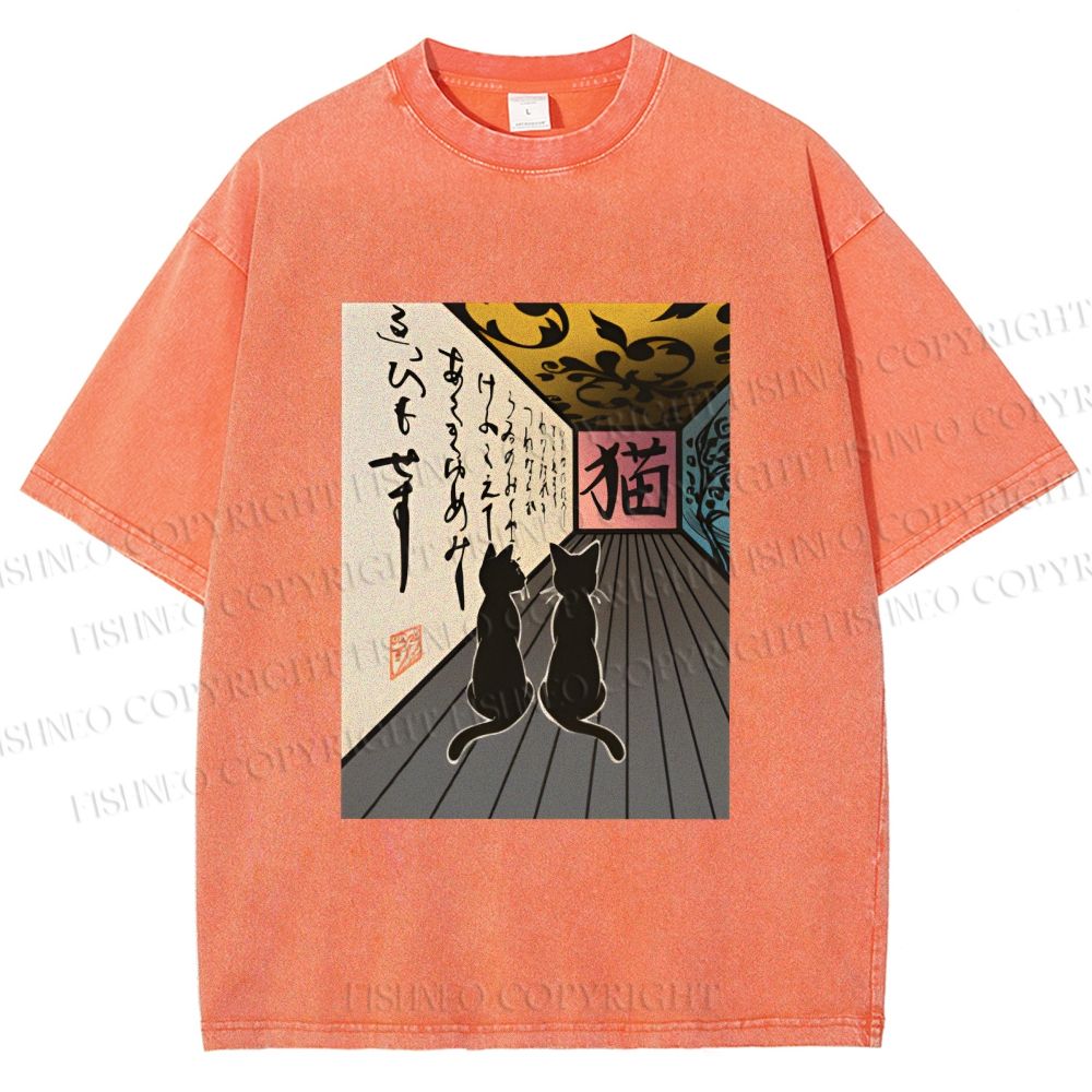Unisex Japanese Vintage Cat Printed Washed Tee