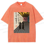 Unisex Japanese Vintage Cat Printed Washed Tee