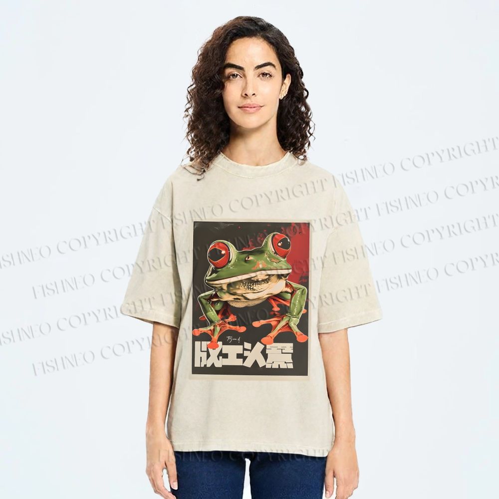 Unisex Vintage Frog Printed Washed Tee