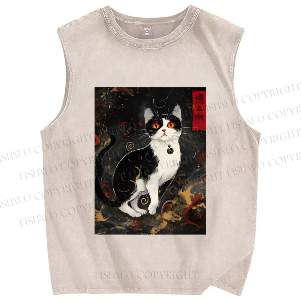 Unisex Japanese Vintage Cat Printed Washed Tank Top