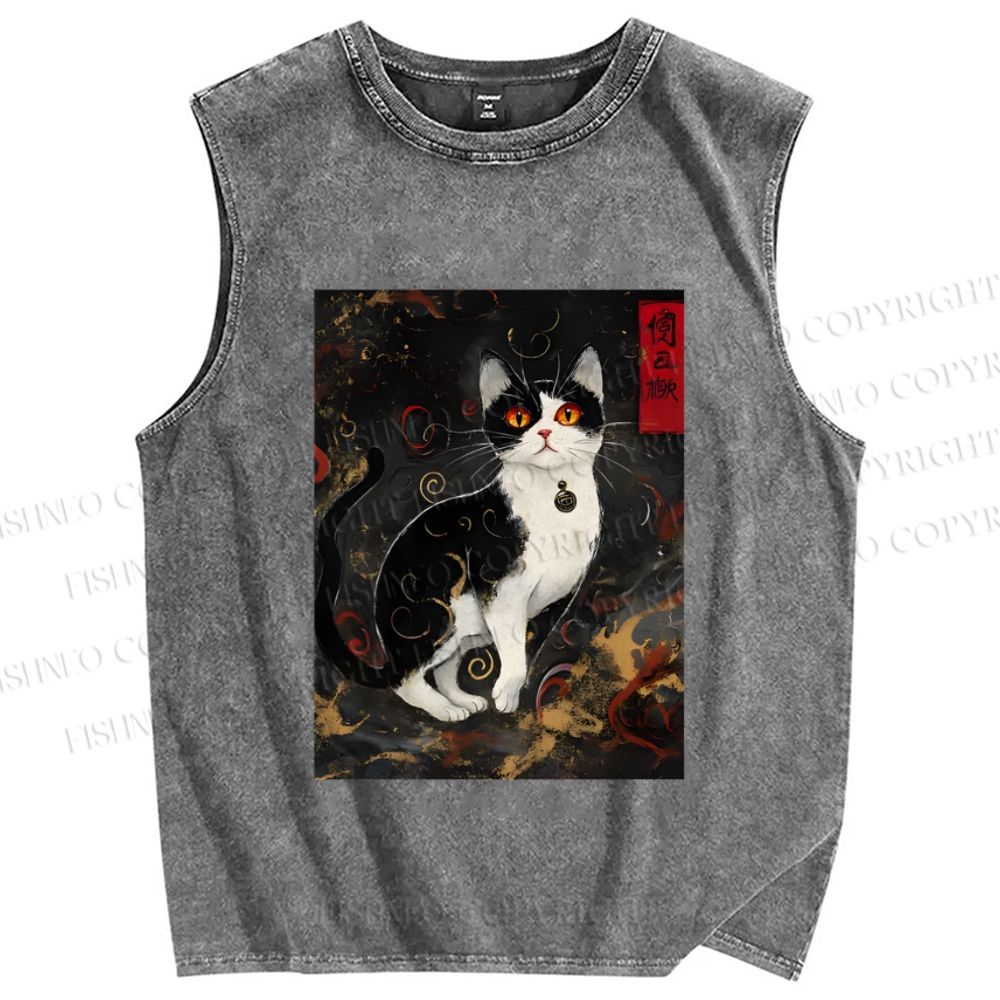 Unisex Japanese Vintage Cat Printed Washed Tank Top