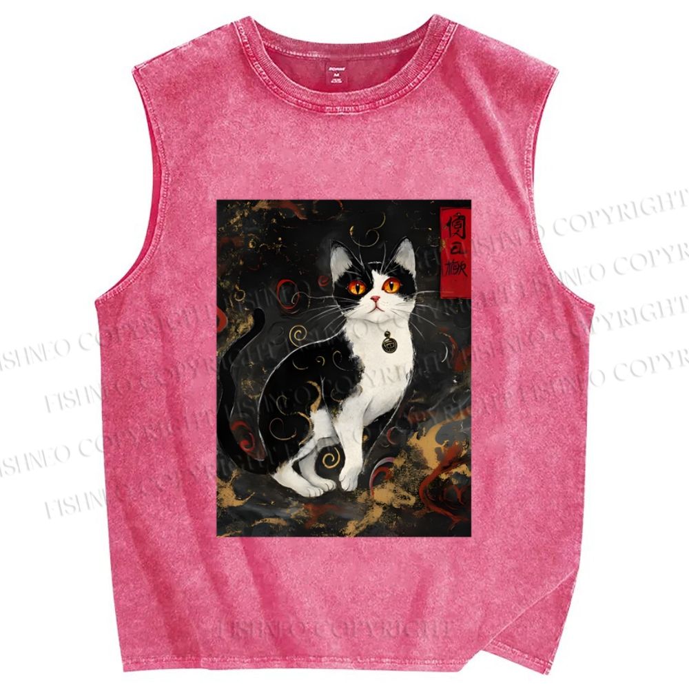 Unisex Japanese Vintage Cat Printed Washed Tank Top