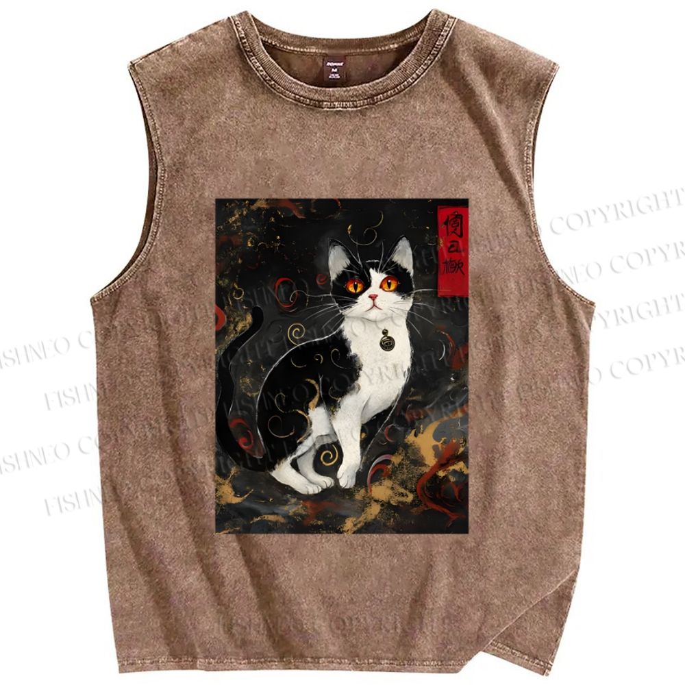 Unisex Japanese Vintage Cat Printed Washed Tank Top