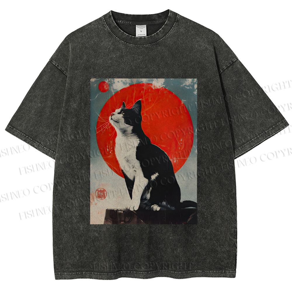 Unisex Japanese Vintage Black Cat Printed Washed Tee