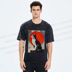 Unisex Japanese Vintage Black Cat Printed Washed Tee