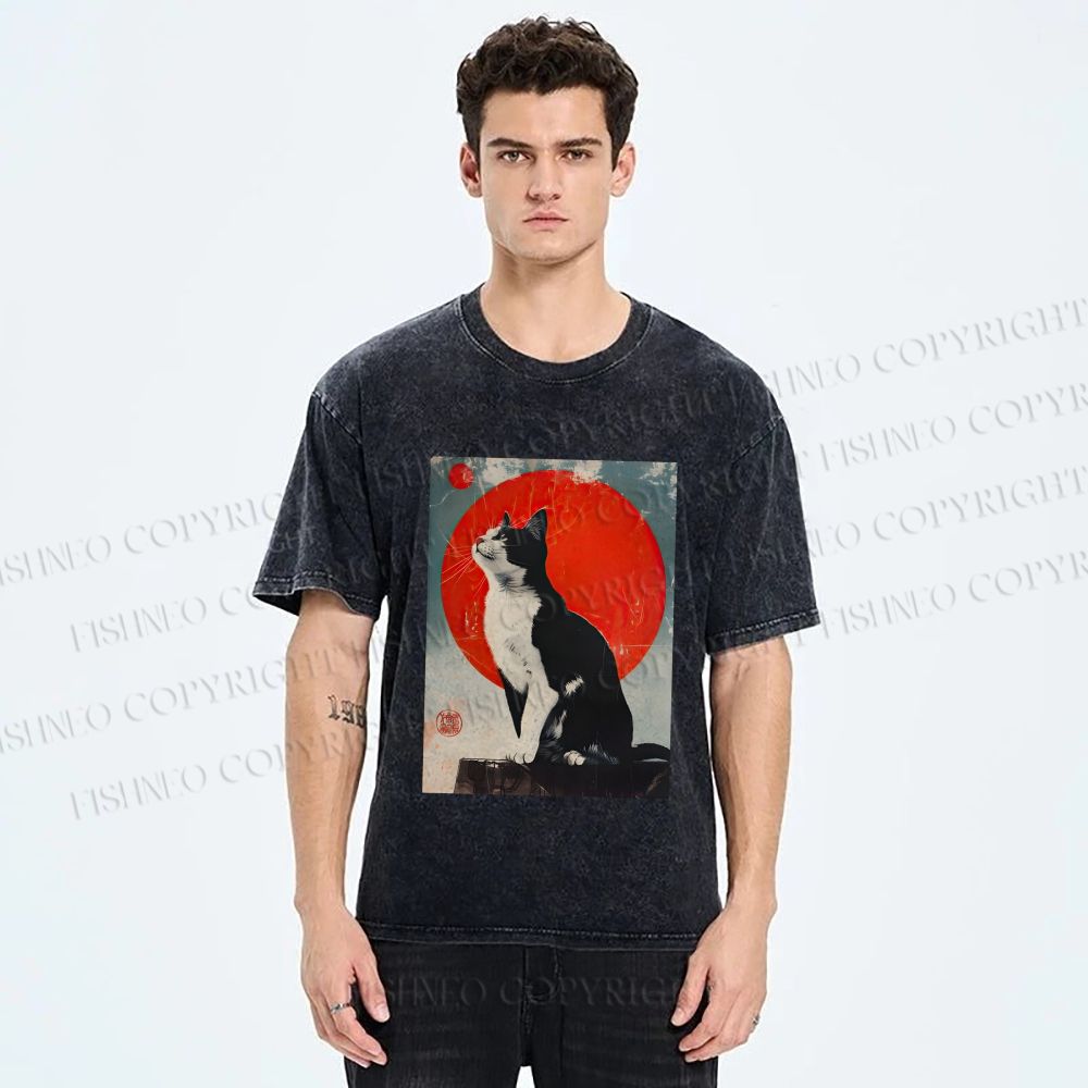 Unisex Japanese Vintage Black Cat Printed Washed Tee