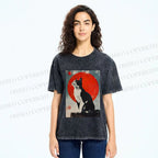 Unisex Japanese Vintage Black Cat Printed Washed Tee
