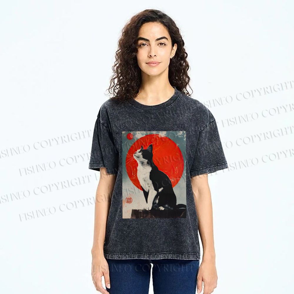 Unisex Japanese Vintage Black Cat Printed Washed Tee