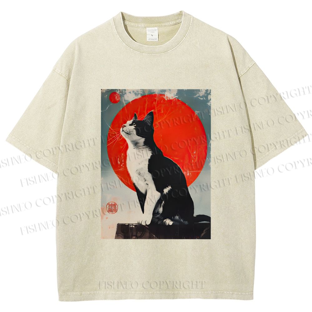 Unisex Japanese Vintage Black Cat Printed Washed Tee