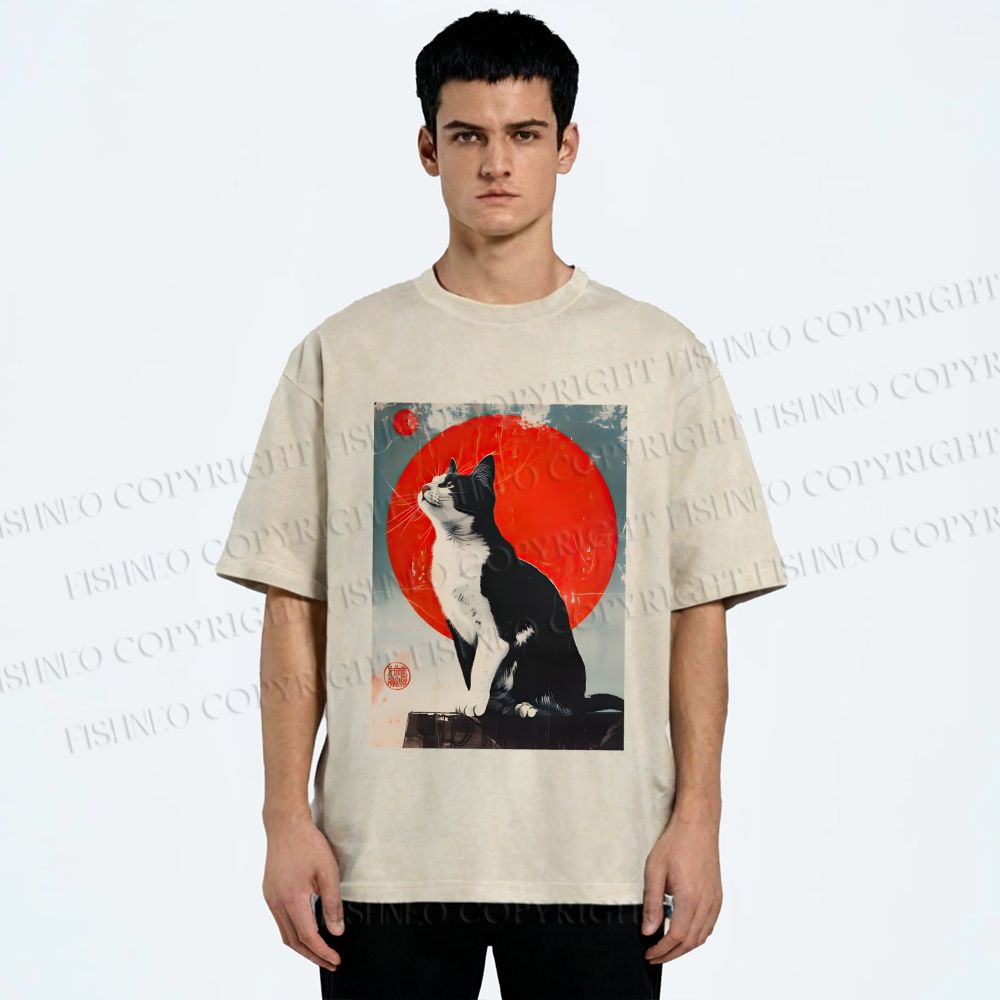 Unisex Japanese Vintage Black Cat Printed Washed Tee